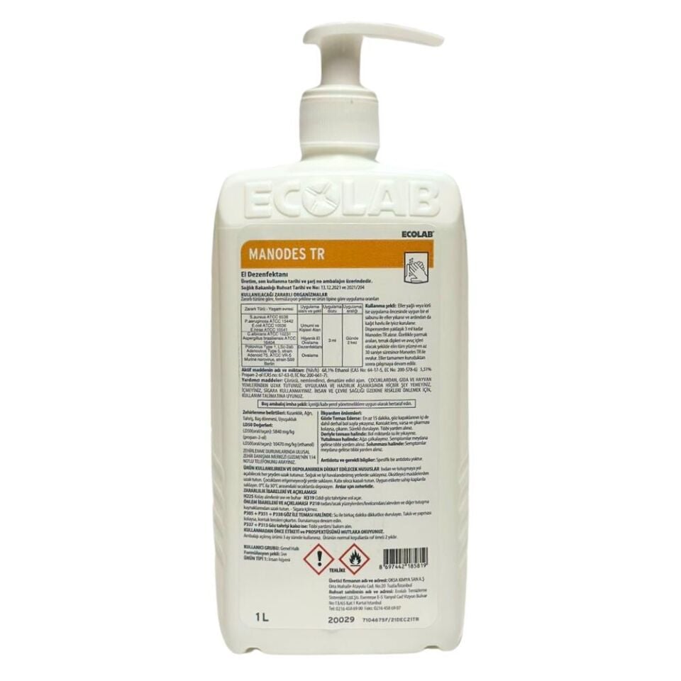 Manodes TR 1L (Alkol bazlı el dezenfektanı - Pompalı)