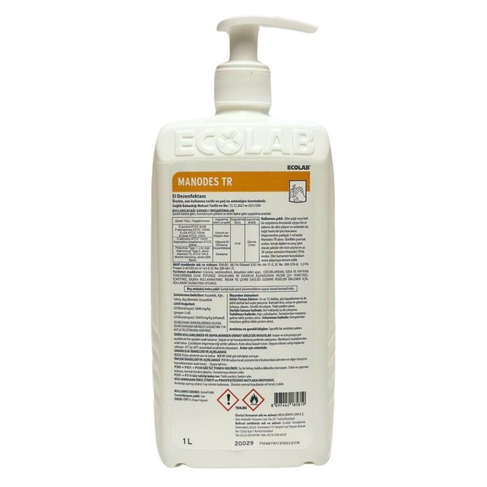 Manodes TR 1L (Alkol bazlı el dezenfektanı - Pompalı)