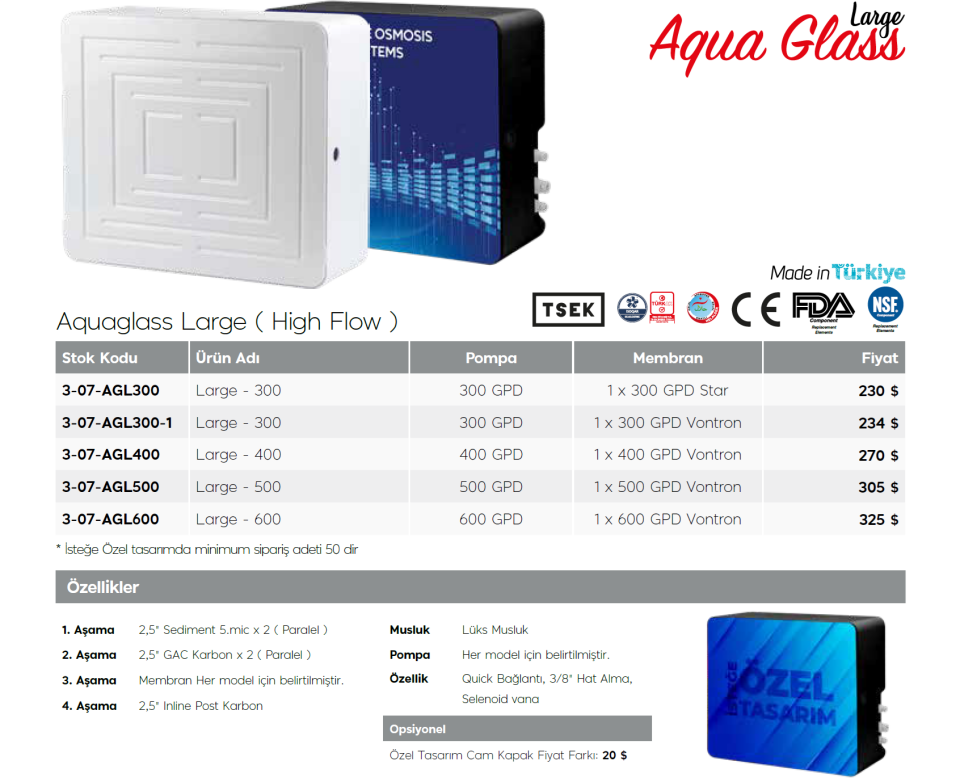 Aqua Glass Large Direk Akış Ters Osmoz Sistemleri